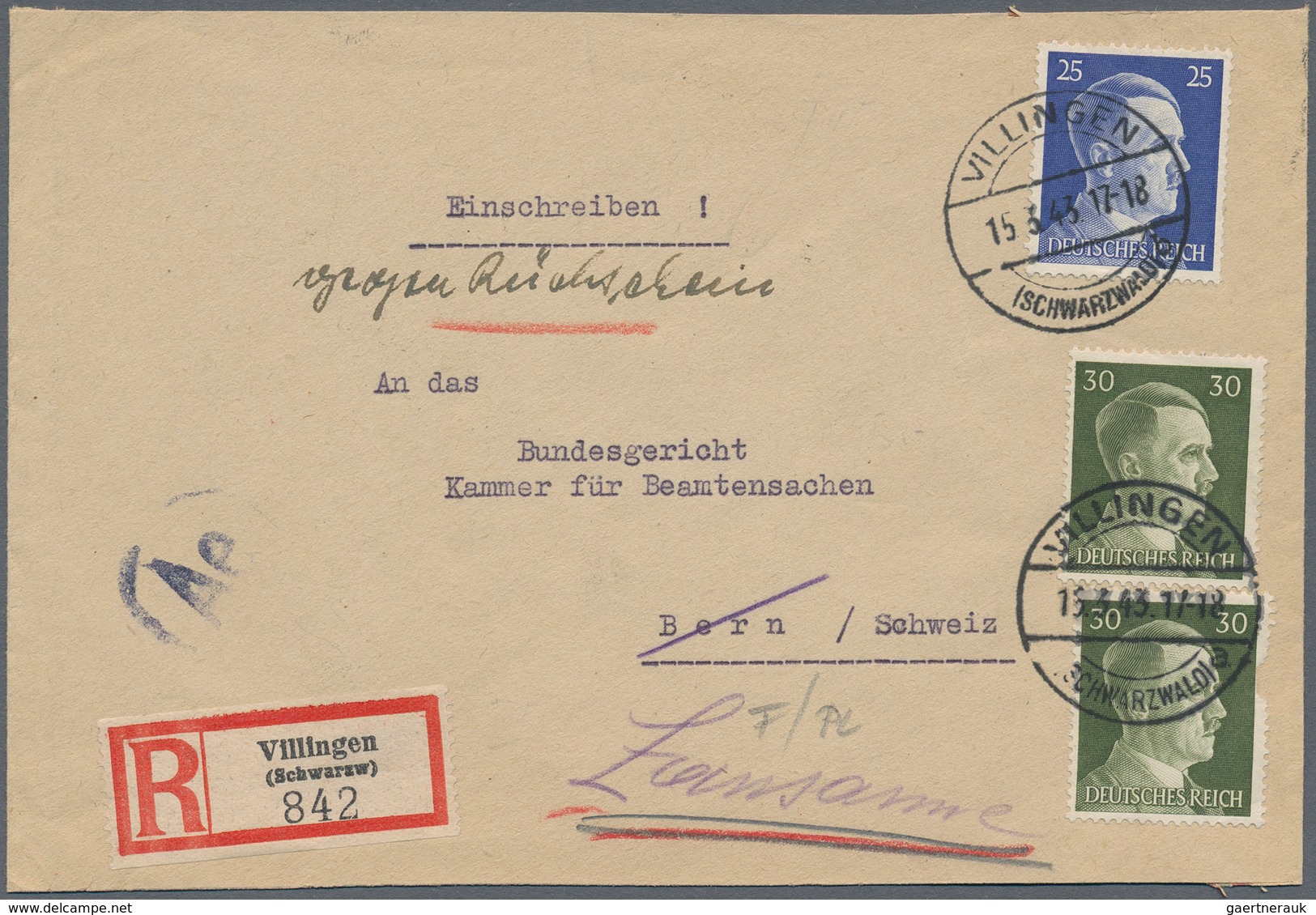 Deutsches Reich - 3. Reich: 1943/1944, Drei Belege In Die Schweiz: 25 Pfg. Hitler Und Zwei Werte 30 - Covers & Documents