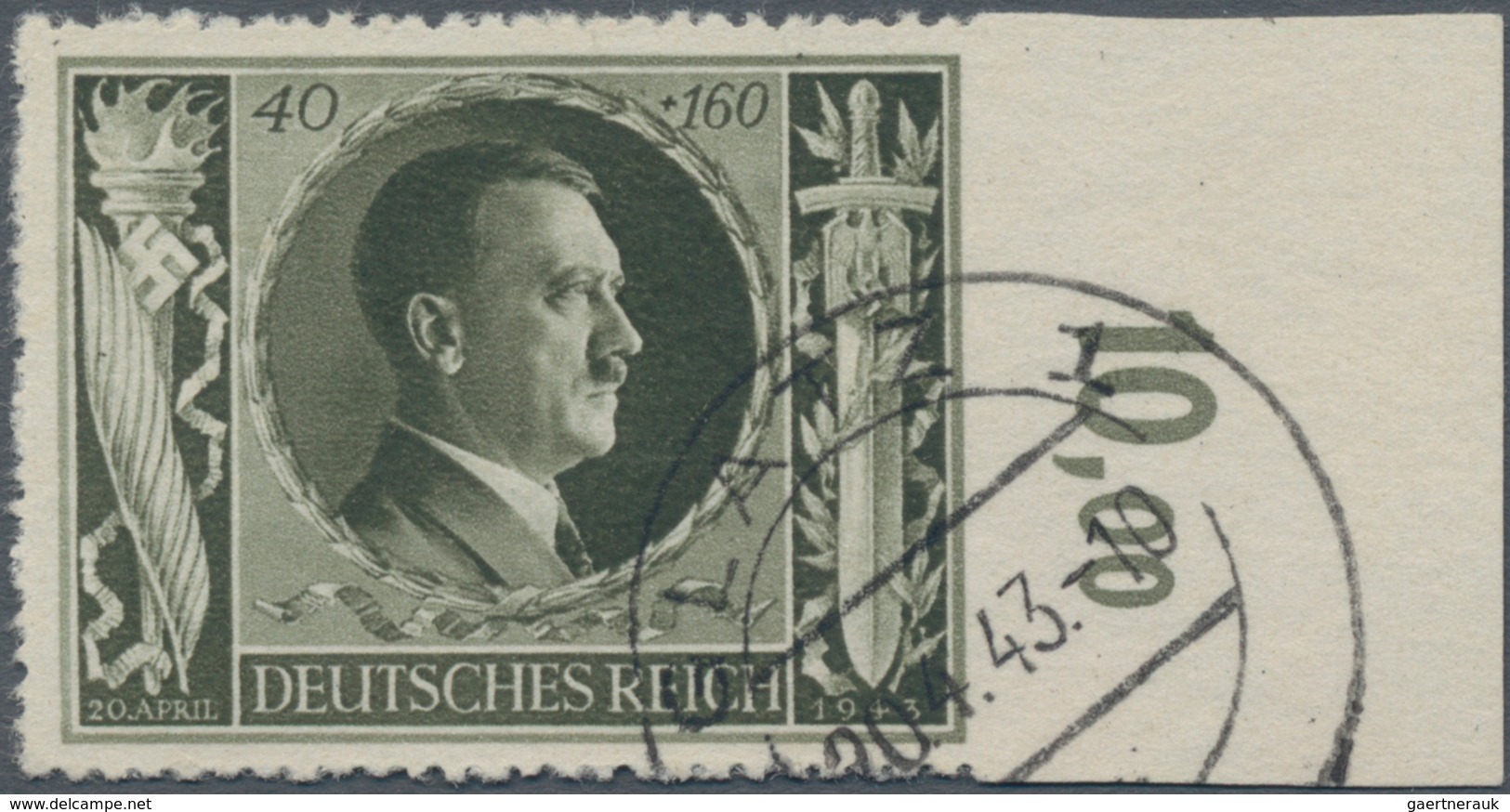 Deutsches Reich - 3. Reich: 1943, Geburtstag Hitler 40 + 160 Pf Grauoliv Rechts Ungezähnt, Gebraucht - Covers & Documents