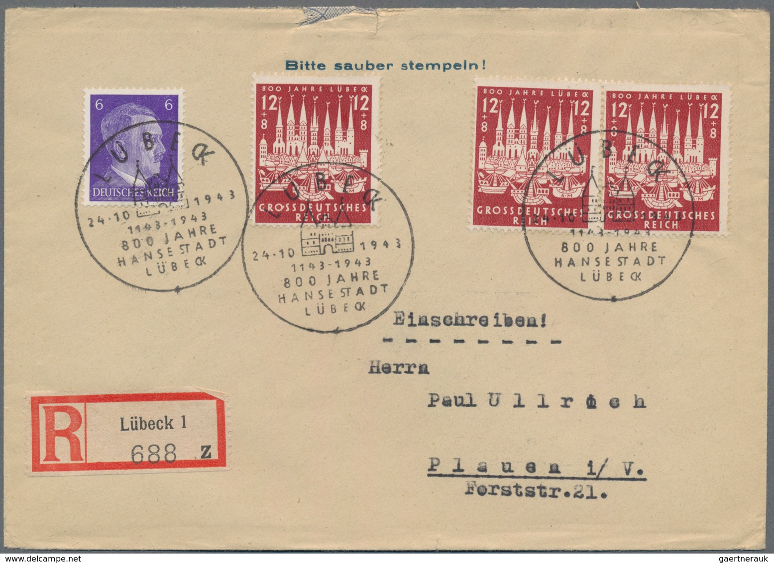 Deutsches Reich - 3. Reich: 1943, 12+8 Pf LÜBECK Mit PLATTENFEHLER "Ausbuchtung Re. Am "O" In Grossd - Covers & Documents