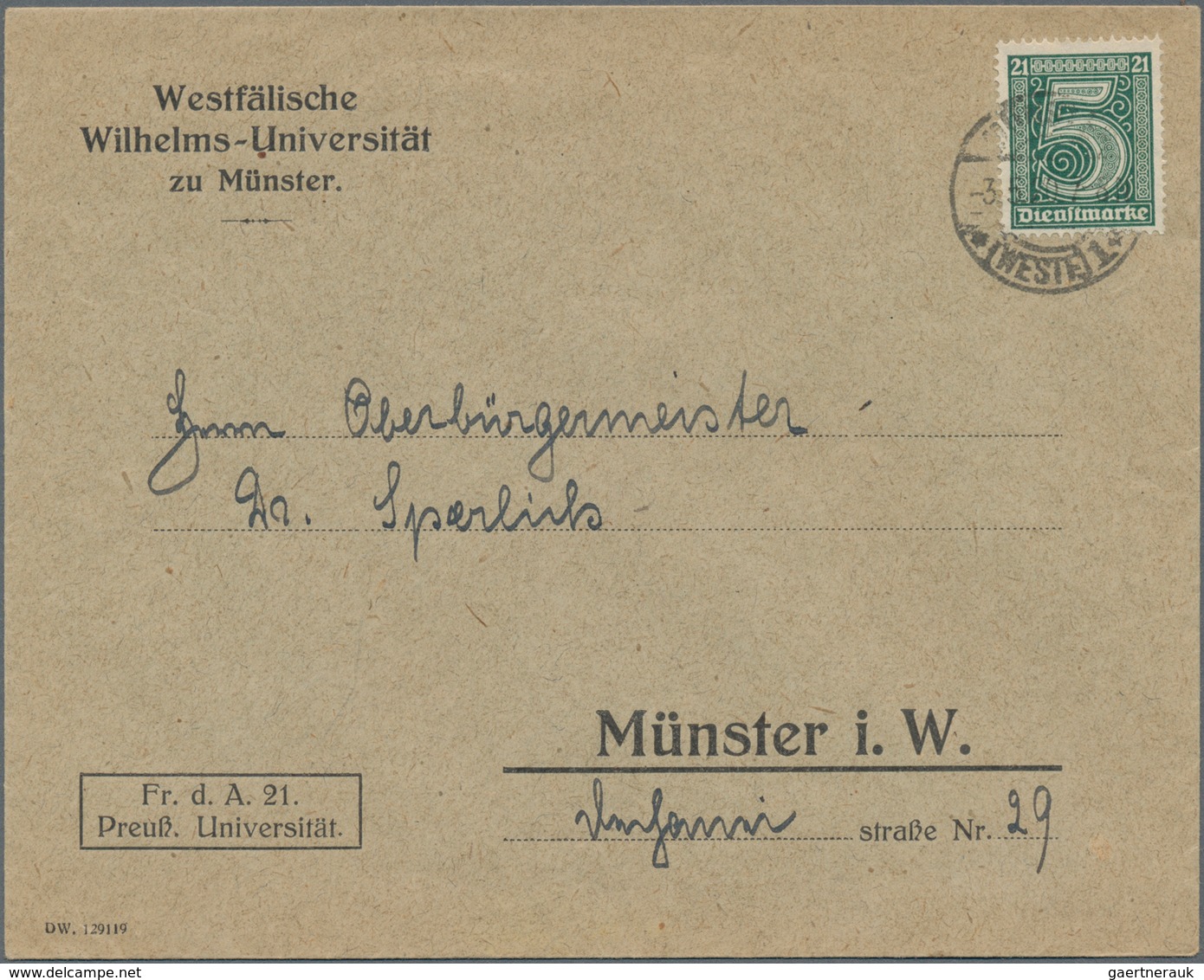 Deutsches Reich - Dienstmarken: 1920, 5 Pf Schwärzlichgrün 'Ziffer', Portogerechte Einzelfrankatur A - Dienstmarken