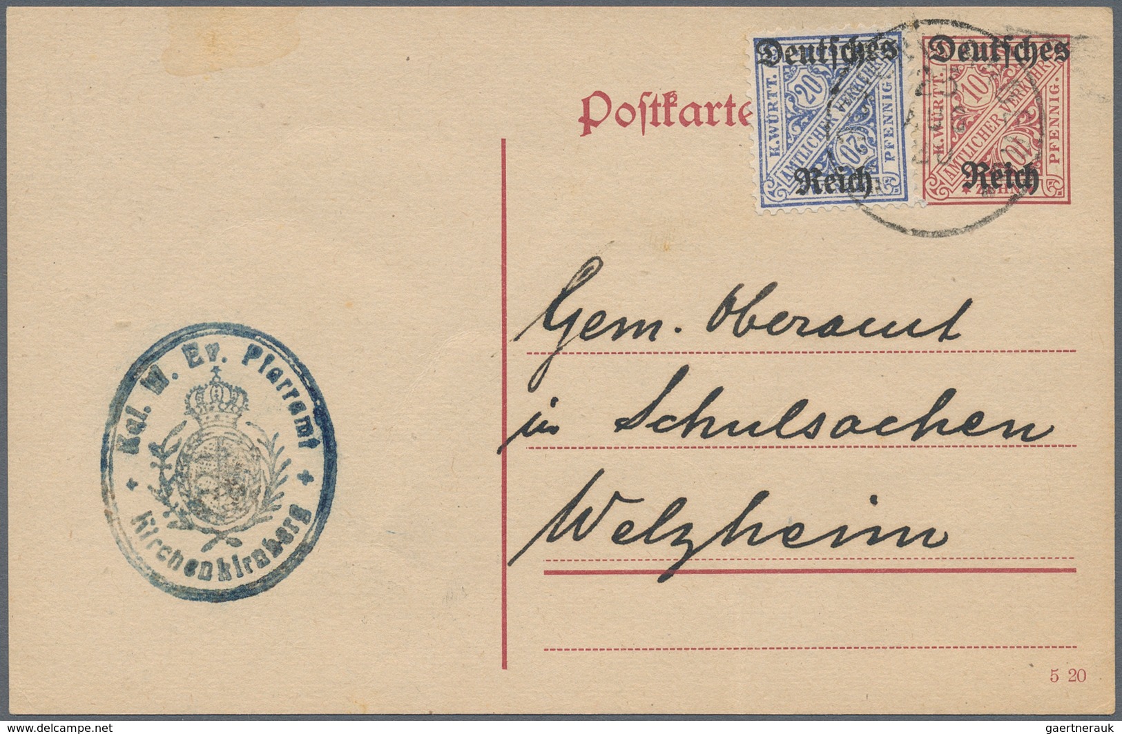 Deutsches Reich - Dienstmarken: 1920, 20 Pfg. Blau Mit WZ Y (nur Ringe) Als Zusatzfrankatur Portoric - Dienstmarken