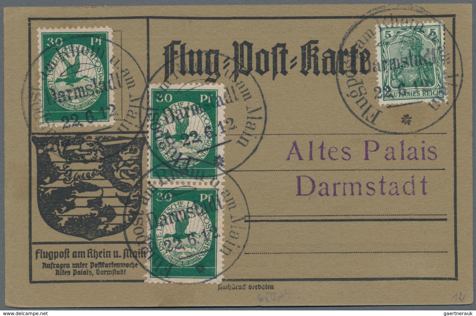 Deutsches Reich - Halbamtliche Flugmarken: 1912, 30 Pfg. Rhein-Main-Flugpost Mit Zusatzfrankatur (5 - Airmail & Zeppelin