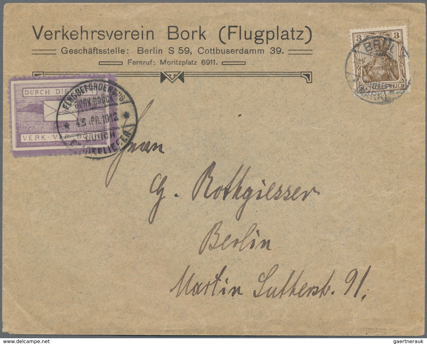 Deutsches Reich - Halbamtliche Flugmarken: 1912, Bork-Brück, Gezähnte Flugpostmarke (kl. Aufklebewel - Luchtpost & Zeppelin