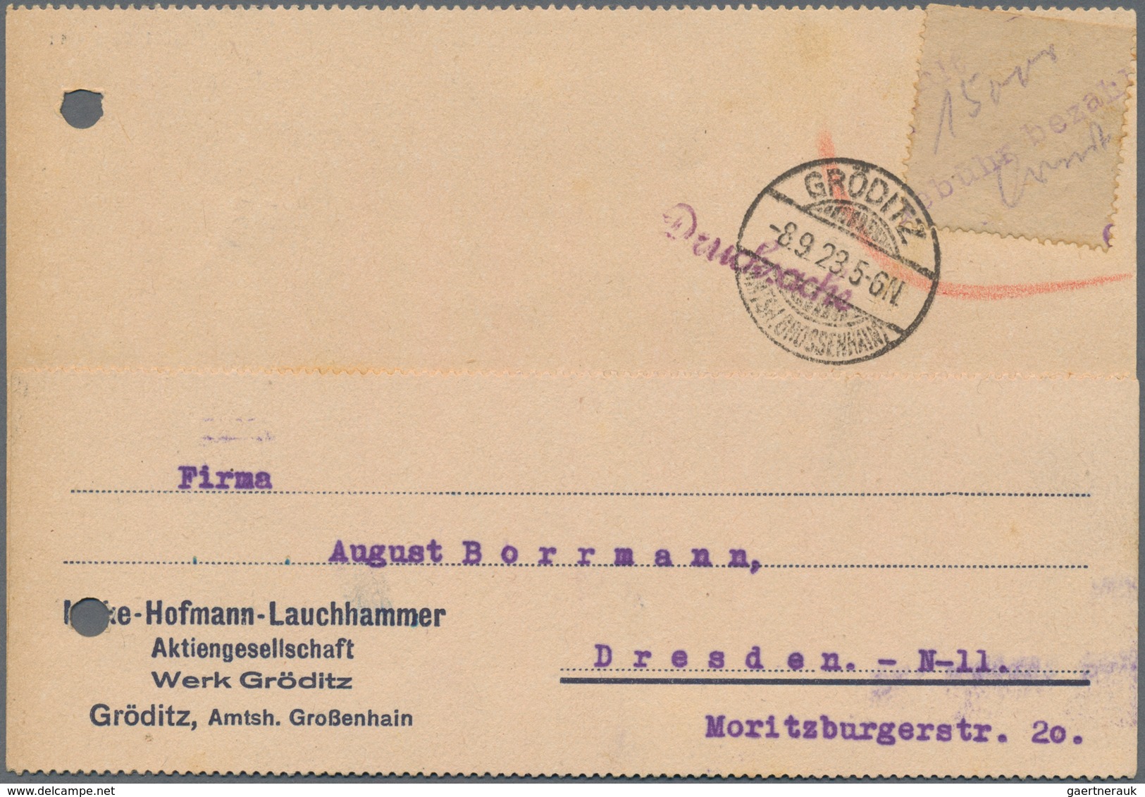 Deutsches Reich - Lokalausgaben 1918/23: GRÖDITZ: 1923, Gebührenzettel Mit Hs. Wertangabe "15000" Un - Brieven En Documenten