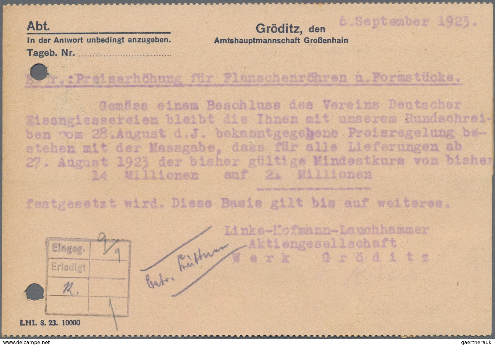 Deutsches Reich - Lokalausgaben 1918/23: GRÖDITZ: 1923, Gebührenzettel Mit Hs. Wertangabe "15000" Un - Brieven En Documenten