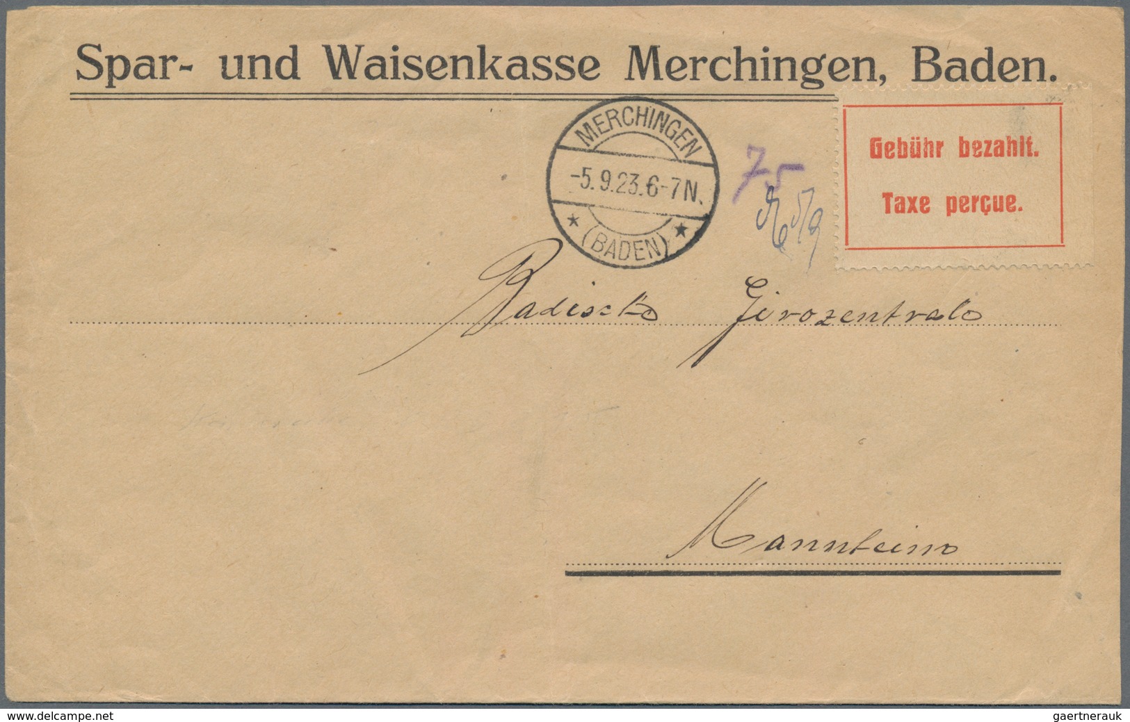 Deutsches Reich - Lokalausgaben 1918/23: KARLSRUHE (OPD): 1923, Gebührenzettel In Type II Mit Nebeng - Covers & Documents