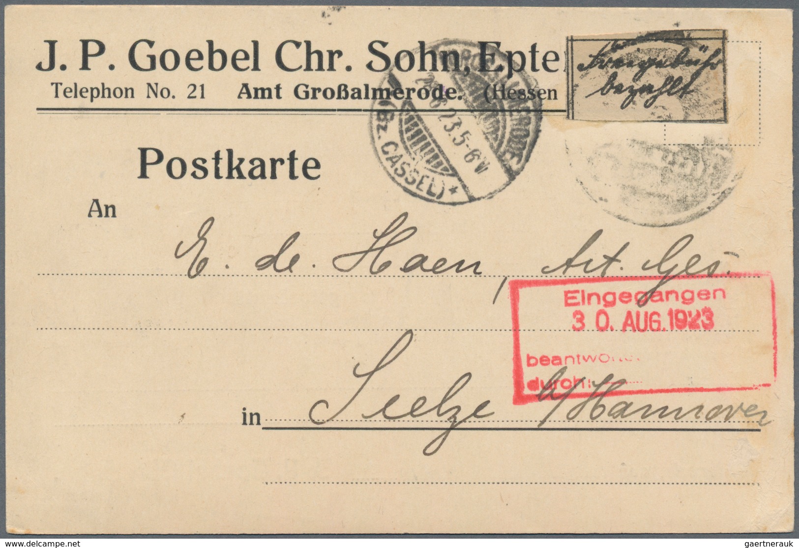 Deutsches Reich - Lokalausgaben 1918/23: KASSEL (OPD): 1923, Gebührenzettel In Type I Auf Firmen-Kar - Covers & Documents