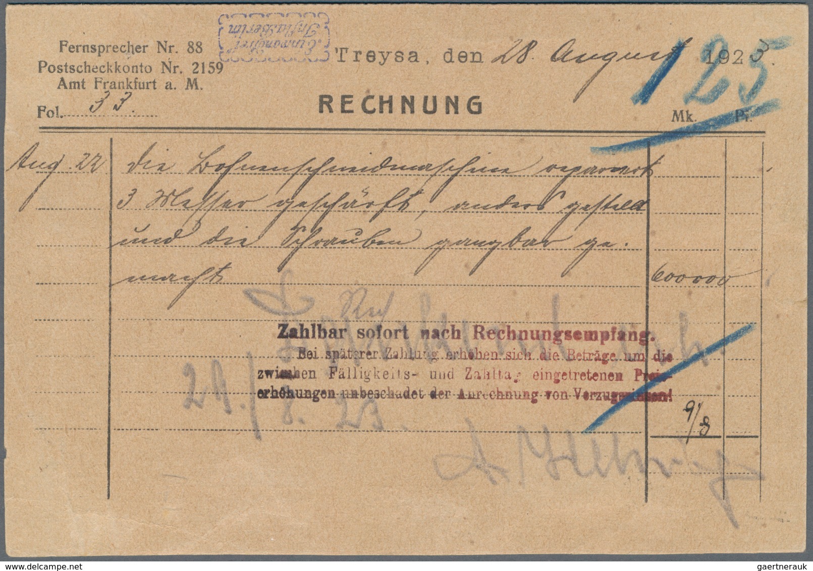 Deutsches Reich - Lokalausgaben 1918/23: KASSEL (OPD): 1923, Gebührenzettel In Type I Mit Zwei Diens - Brieven En Documenten