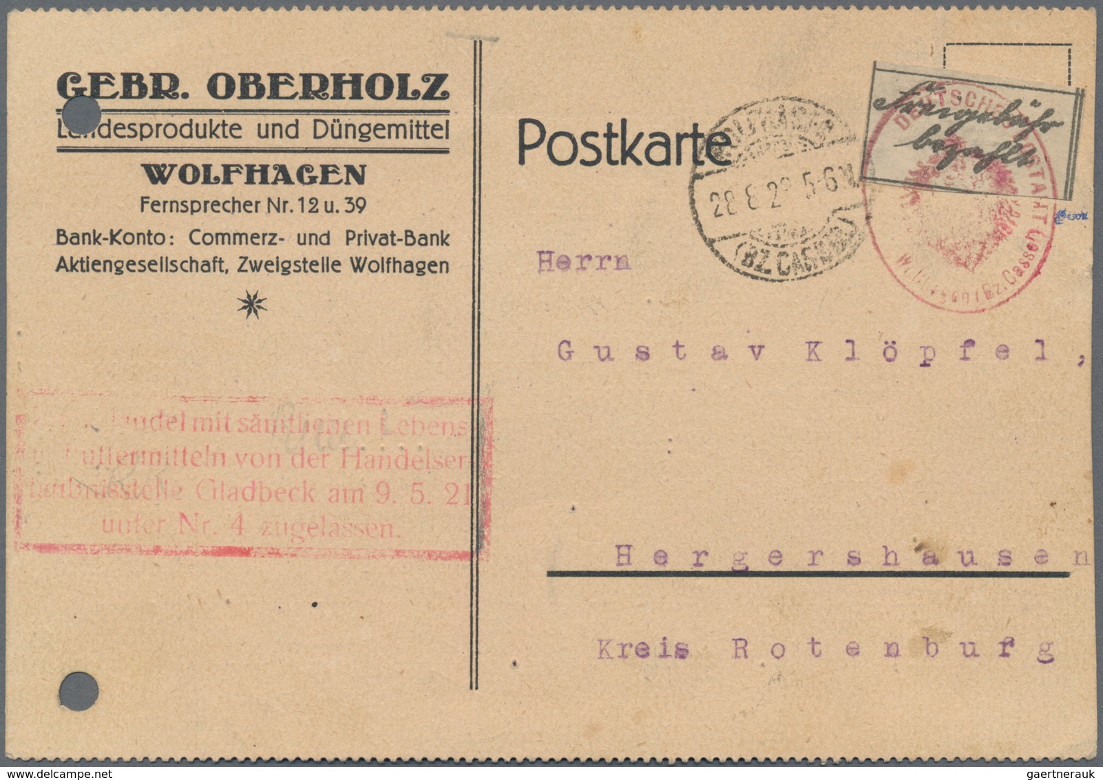 Deutsches Reich - Lokalausgaben 1918/23: KASSEL (OPD): 1923, Gebührenzettel In Type I Mit Rotem Dien - Brieven En Documenten