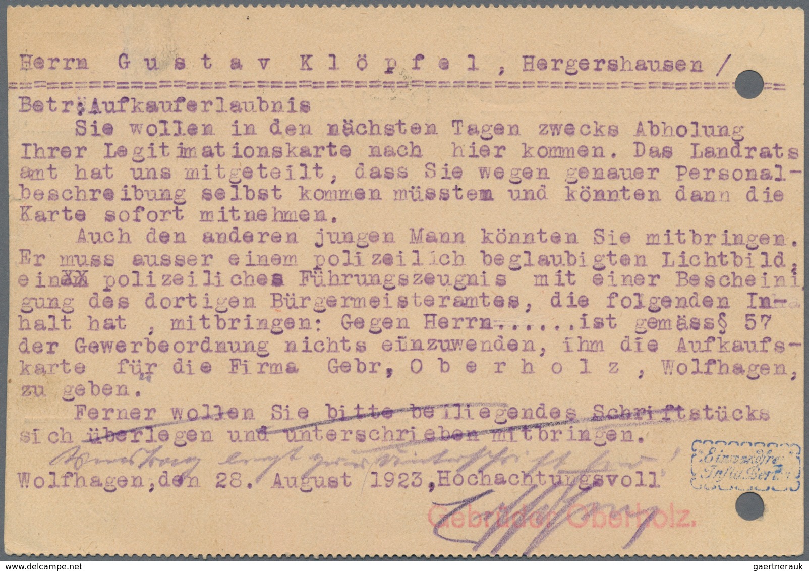 Deutsches Reich - Lokalausgaben 1918/23: KASSEL (OPD): 1923, Gebührenzettel In Type I Mit Rotem Dien - Brieven En Documenten