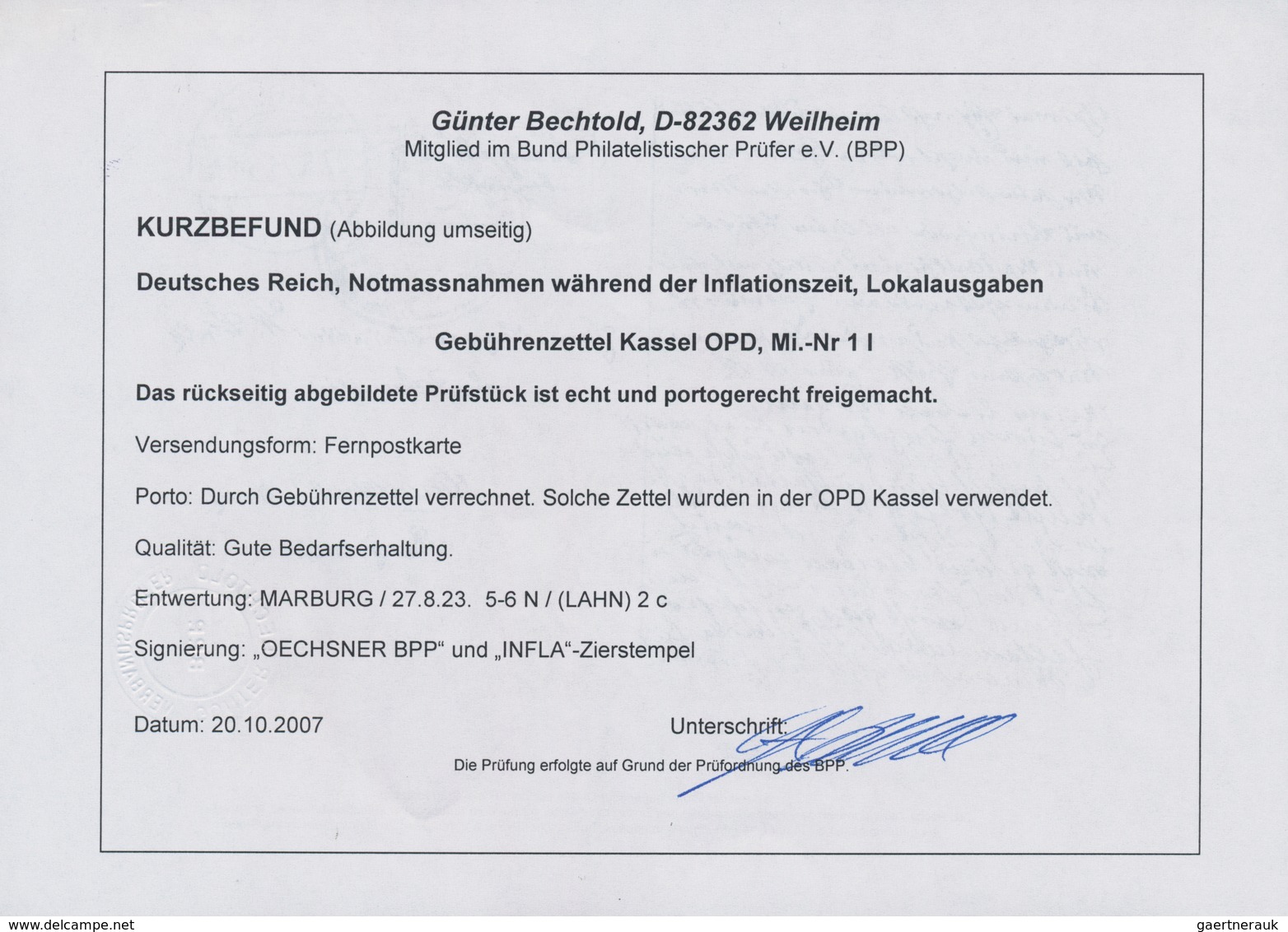 Deutsches Reich - Lokalausgaben 1918/23: KASSEL (OPD): 1923, Gebührenzettel In Type I Auf Karte Von - Briefe U. Dokumente