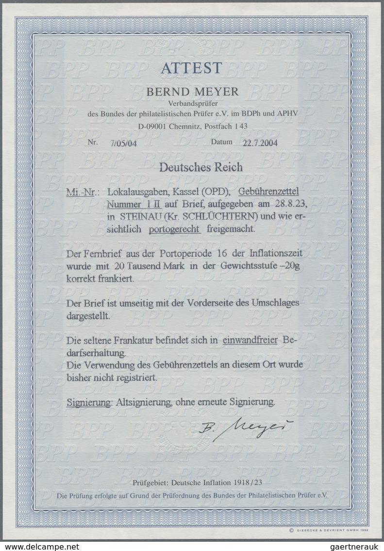 Deutsches Reich - Lokalausgaben 1918/23: KASSEL (OPD): 1923, Gebührenzettel In Type II Mit Nebengese - Brieven En Documenten