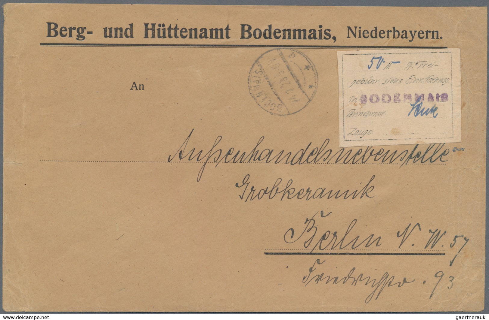 Deutsches Reich - Lokalausgaben 1918/23: LANDSHUT (OPD): 1923, Gebührenzettel Mit Violettem L1 "BODE - Briefe U. Dokumente