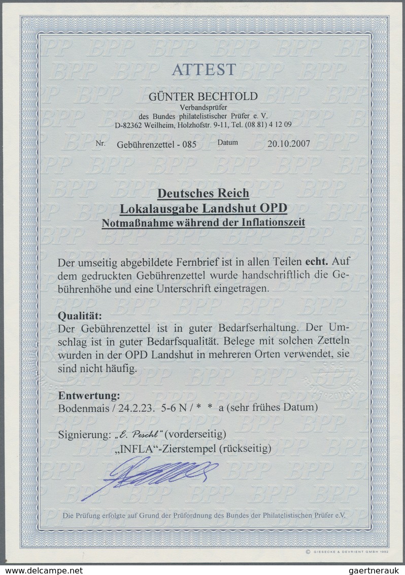 Deutsches Reich - Lokalausgaben 1918/23: LANDSHUT (OPD): 1923, Gebührenzettel Mit Violettem L1 "BODE - Covers & Documents