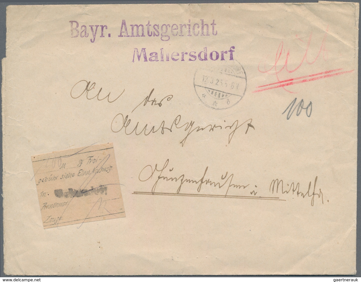 Deutsches Reich - Lokalausgaben 1918/23: LANDSHUT (OPD), 1923, Gebührenzettel Mit Schwarzem L1 "MALL - Covers & Documents