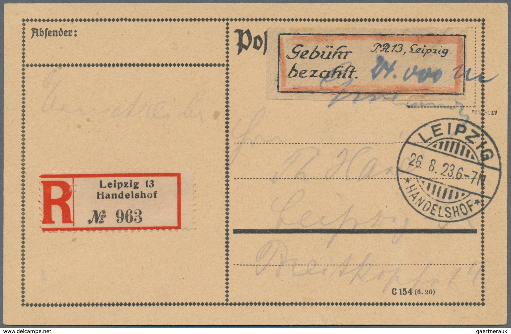 Deutsches Reich - Lokalausgaben 1918/23: LEIPZIG 13: 1923, Gebührenzettel "Gebühr Bezahlt" Mit Hs. A - Brieven En Documenten