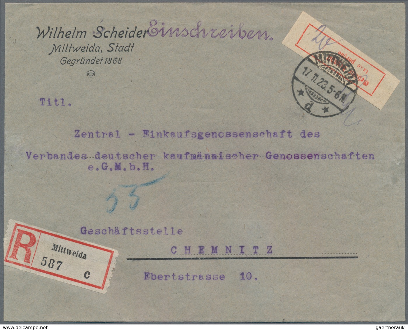 Deutsches Reich - Lokalausgaben 1918/23: LEIPZIG (OPD): 1923, Gebührenzettel Mit Rechts Geteiltem Se - Lettres & Documents