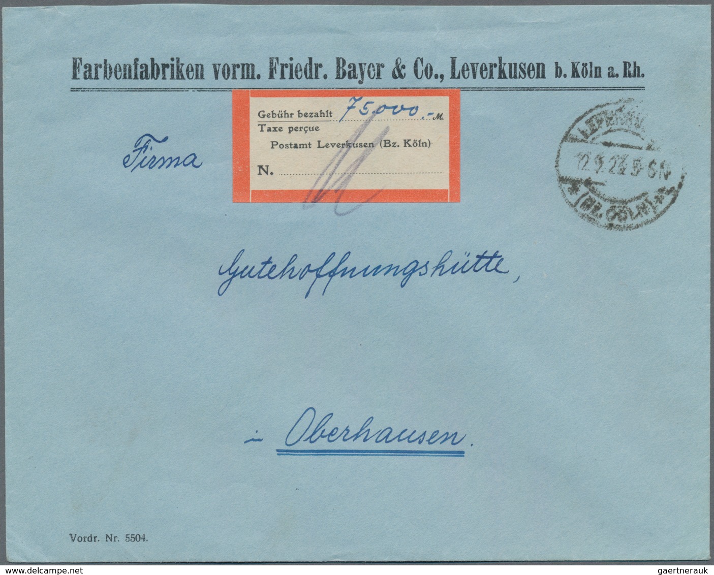 Deutsches Reich - Lokalausgaben 1918/23: LEVERKUSEN: 1923, Gebührenzettel "Gebühr Bezahlt / Taxe Per - Briefe U. Dokumente