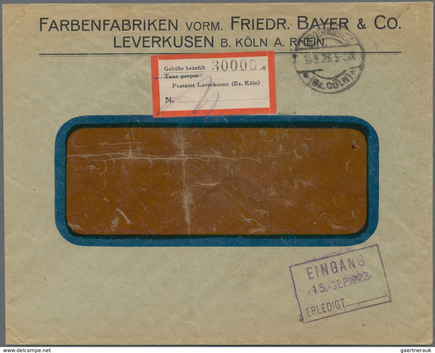 Deutsches Reich - Lokalausgaben 1918/23: LEVERKUSEN: 1923, Gebührenzettel "Gebühr Bezahlt / Taxe Per - Covers & Documents