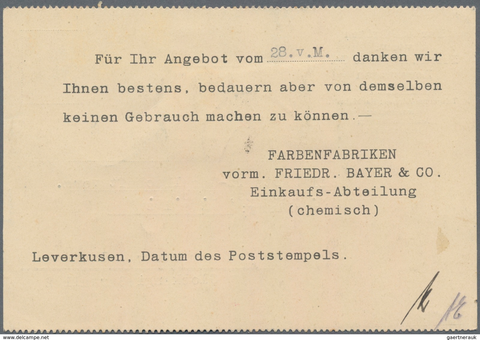 Deutsches Reich - Lokalausgaben 1918/23: LEVERKUSEN: 1923, Gebührenzettel "Gebühr Bezahlt", Wertanga - Briefe U. Dokumente