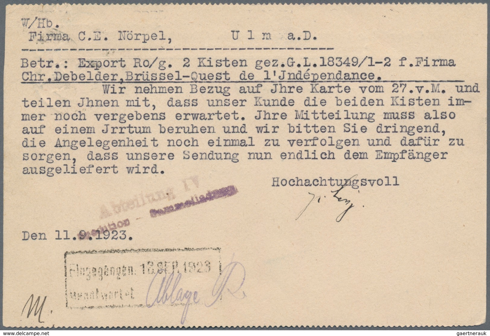 Deutsches Reich - Lokalausgaben 1918/23: OBERKOCHEN: 1923, Gebührenzettel (rechts Unten Angeschnitte - Briefe U. Dokumente