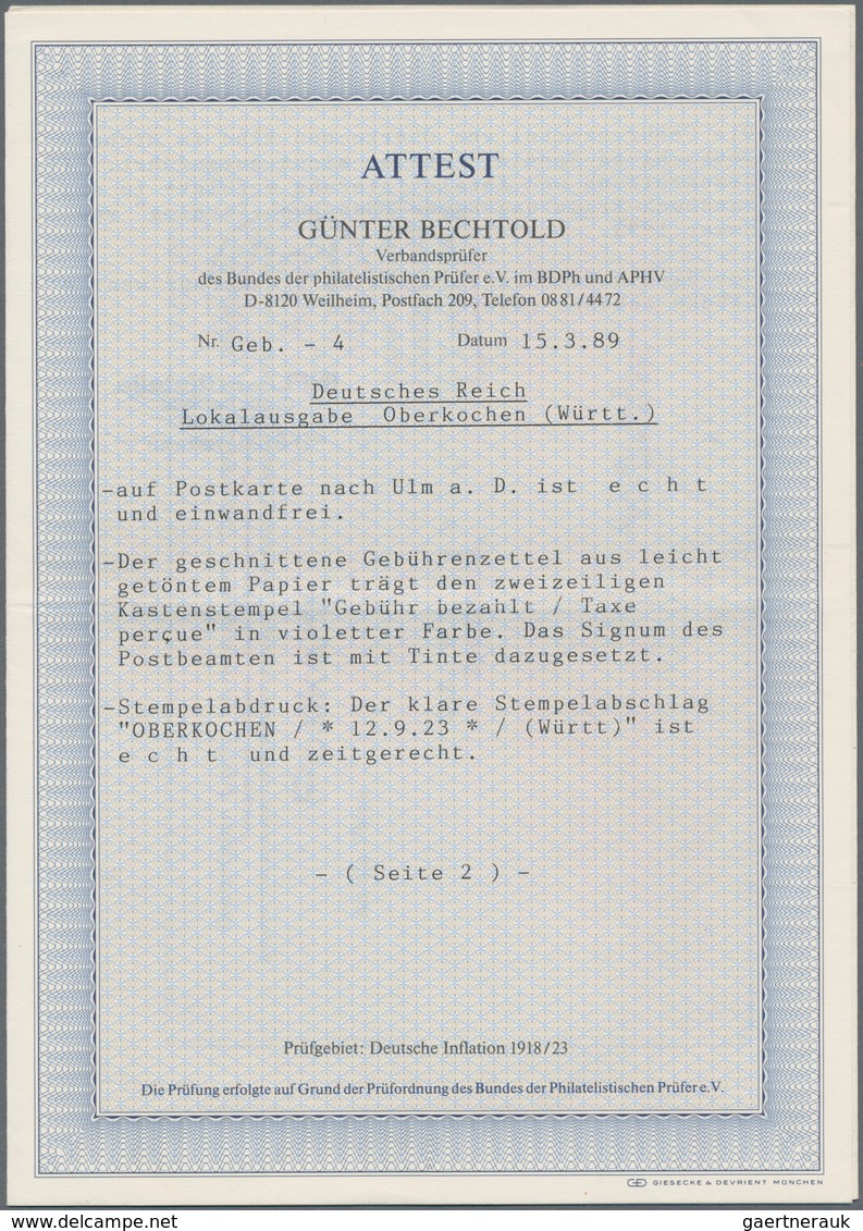 Deutsches Reich - Lokalausgaben 1918/23: OBERKOCHEN: 1923, Gebührenzettel (rechts Unten Angeschnitte - Covers & Documents