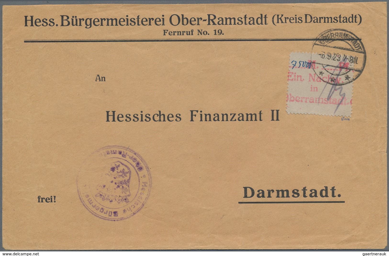 Deutsches Reich - Lokalausgaben 1918/23: OBERRAMSTADT: 1923, Gebührenzettel Mit Hs. Angabe "75000" U - Briefe U. Dokumente
