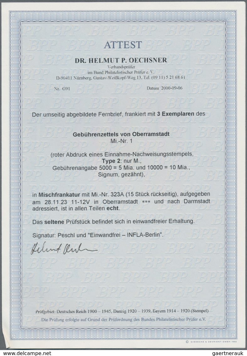 Deutsches Reich - Lokalausgaben 1918/23: OBERRAMSTADT: 1923, Drei Gebührenzettel Mit Wertangabe "500 - Briefe U. Dokumente