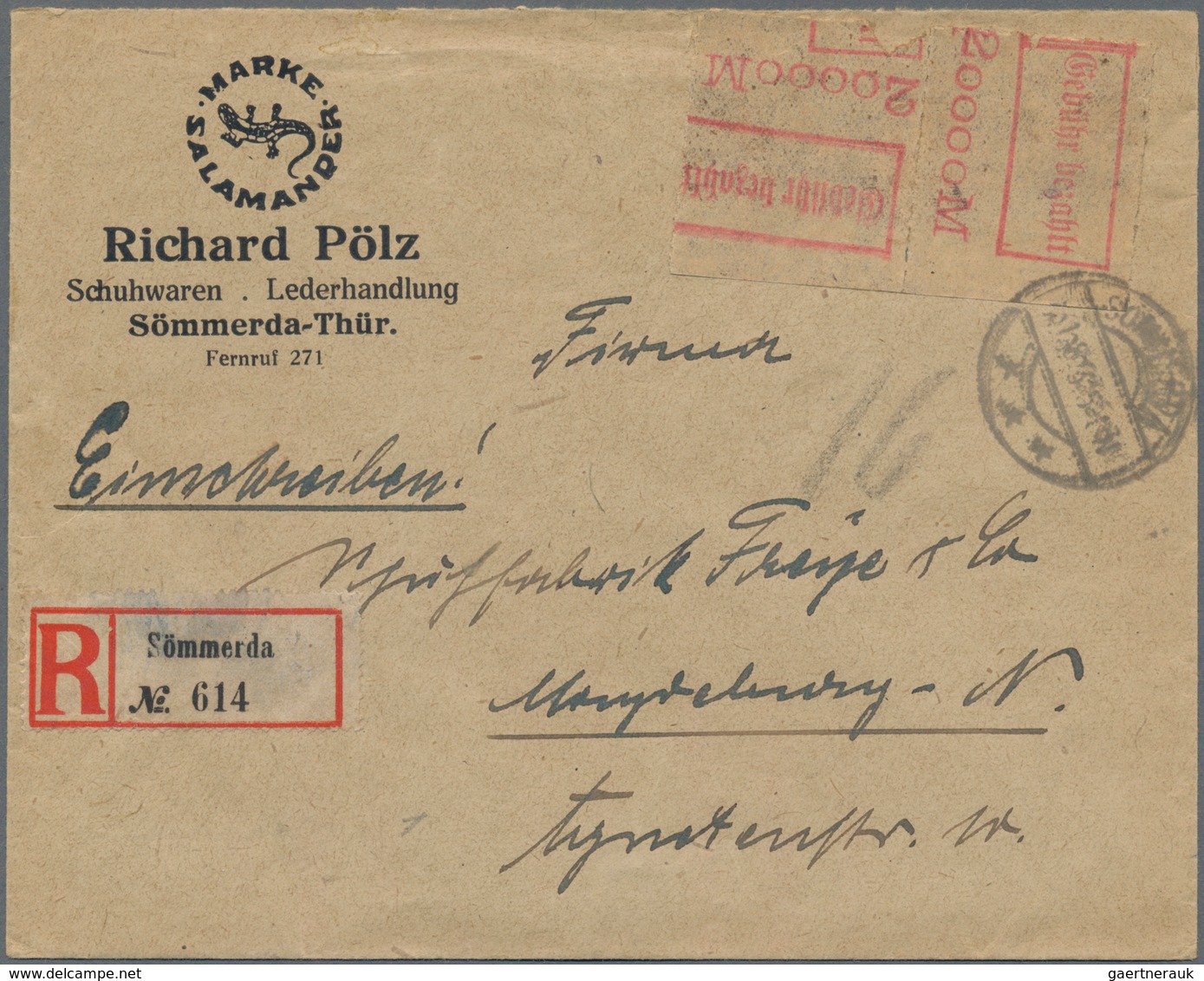 Deutsches Reich - Lokalausgaben 1918/23: SÖMMERDA: 1923, Gebührenzettel 20000 Mark Im Paar (einmal T - Covers & Documents