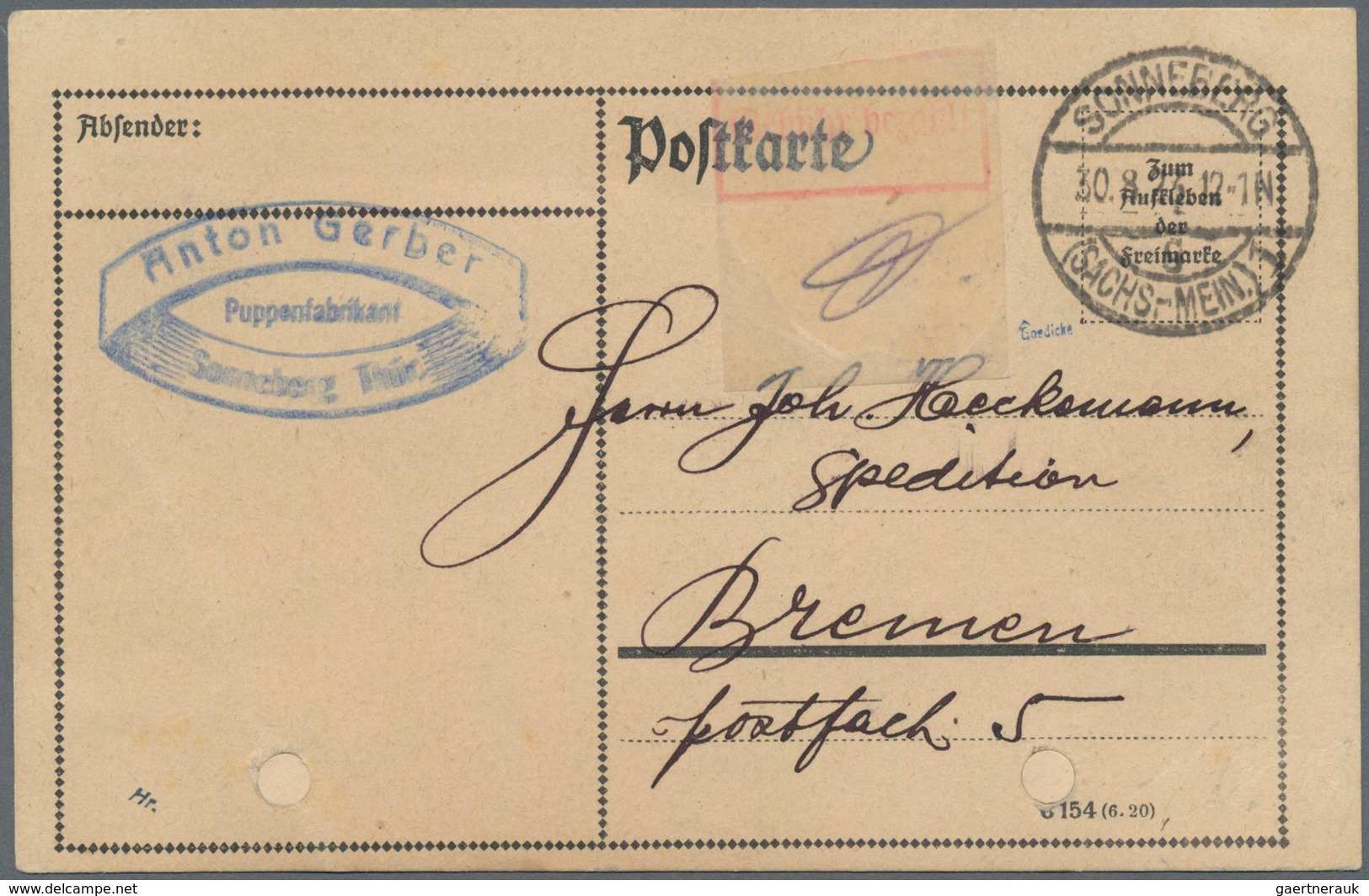 Deutsches Reich - Lokalausgaben 1918/23: SONNEBERG: 1923, Gebührenzettel Auf Transparentem Papier Mi - Brieven En Documenten