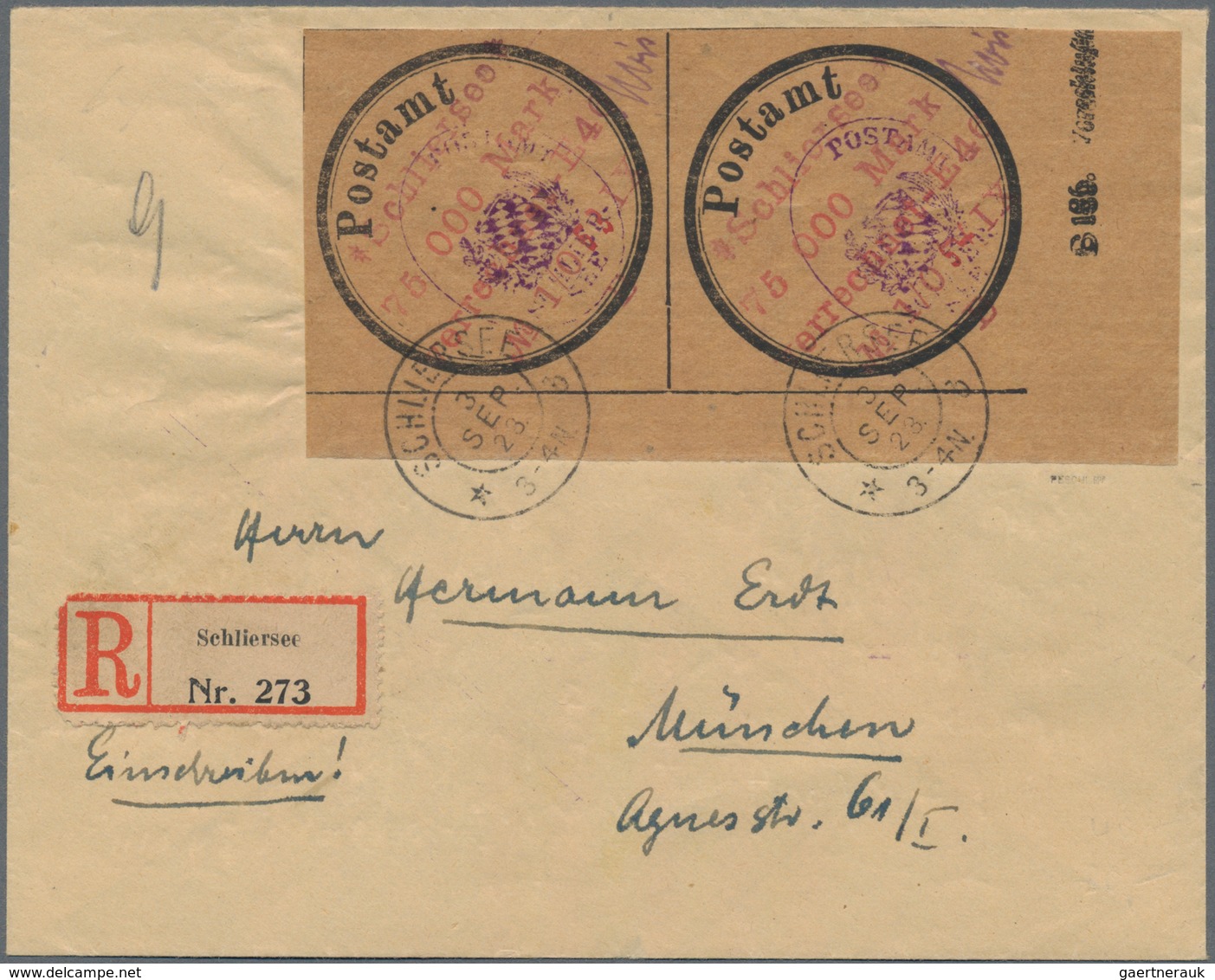 Deutsches Reich - Lokalausgaben 1918/23: SCHLIERSEE: 1923, Gebührenzettel 75000 Mark Auf Braunem Pap - Covers & Documents