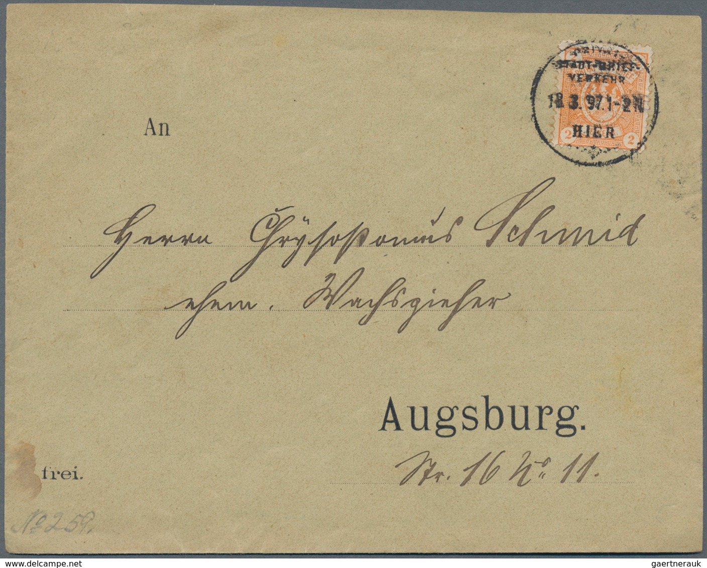 Deutsches Reich - Privatpost (Stadtpost): AUGSBURG: 1897, 2 Pfg. Orange Und Blau Der "Privat- Stadt- - Privatpost