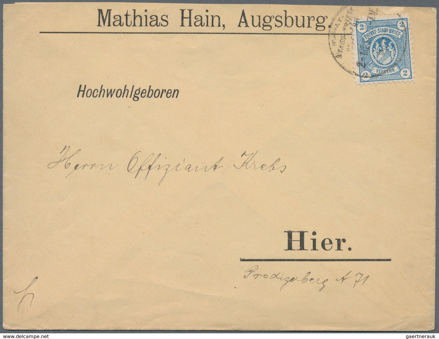 Deutsches Reich - Privatpost (Stadtpost): AUGSBURG: 1897, 2 Pfg. Orange Und Blau Der "Privat- Stadt- - Privatpost