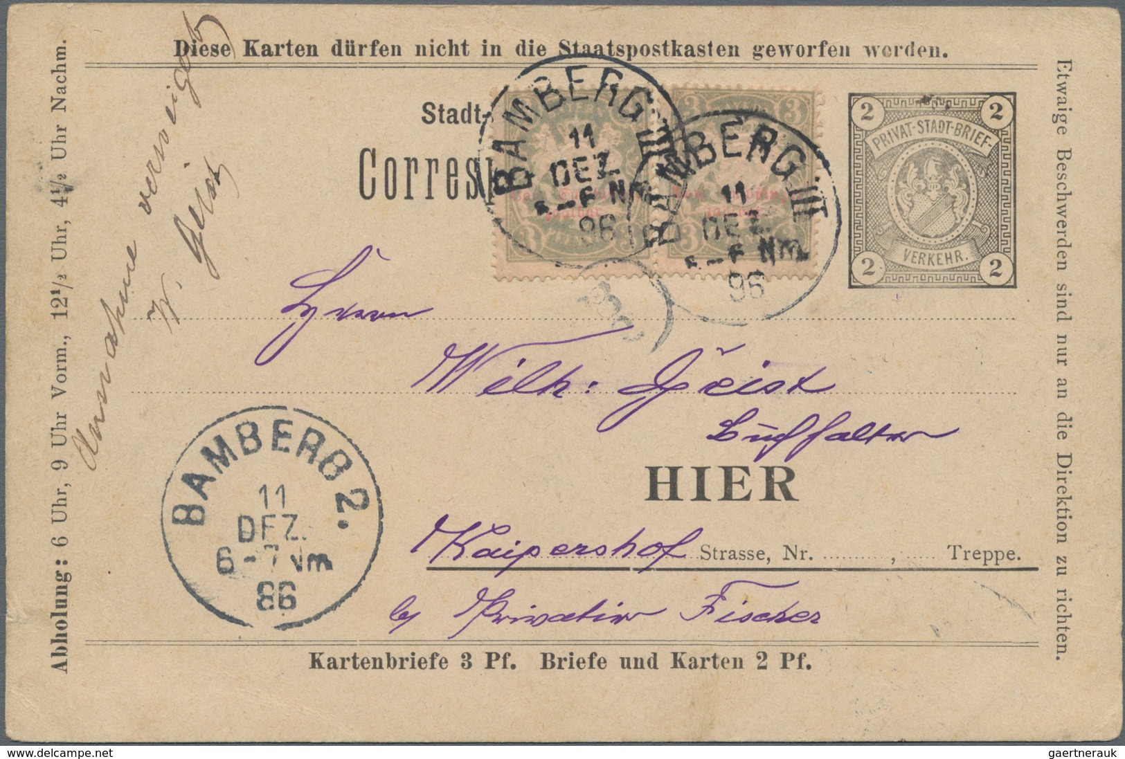 Deutsches Reich - Privatpost (Stadtpost): BAMBERG: 1896, Ganzsachenkarte 2 Pfg., Die Versehentlich I - Private & Local Mails