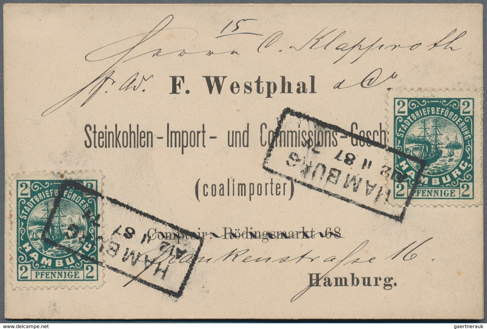 Deutsches Reich - Privatpost (Stadtpost): HAMBURG - Stadtbriefbeförderung: 1887, 2 Pf Dunkelgrün, Zw - Privatpost