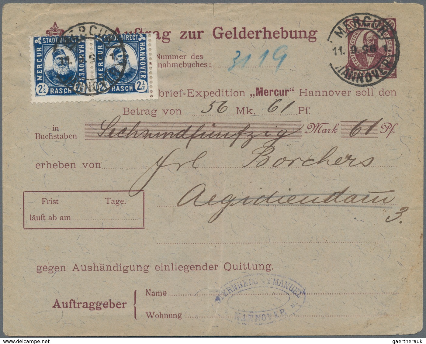 Deutsches Reich - Privatpost (Stadtpost): HANNOVER, MERCUR: 1895, 10 (Pf) Stadtdirector Haltenhoff, - Privatpost