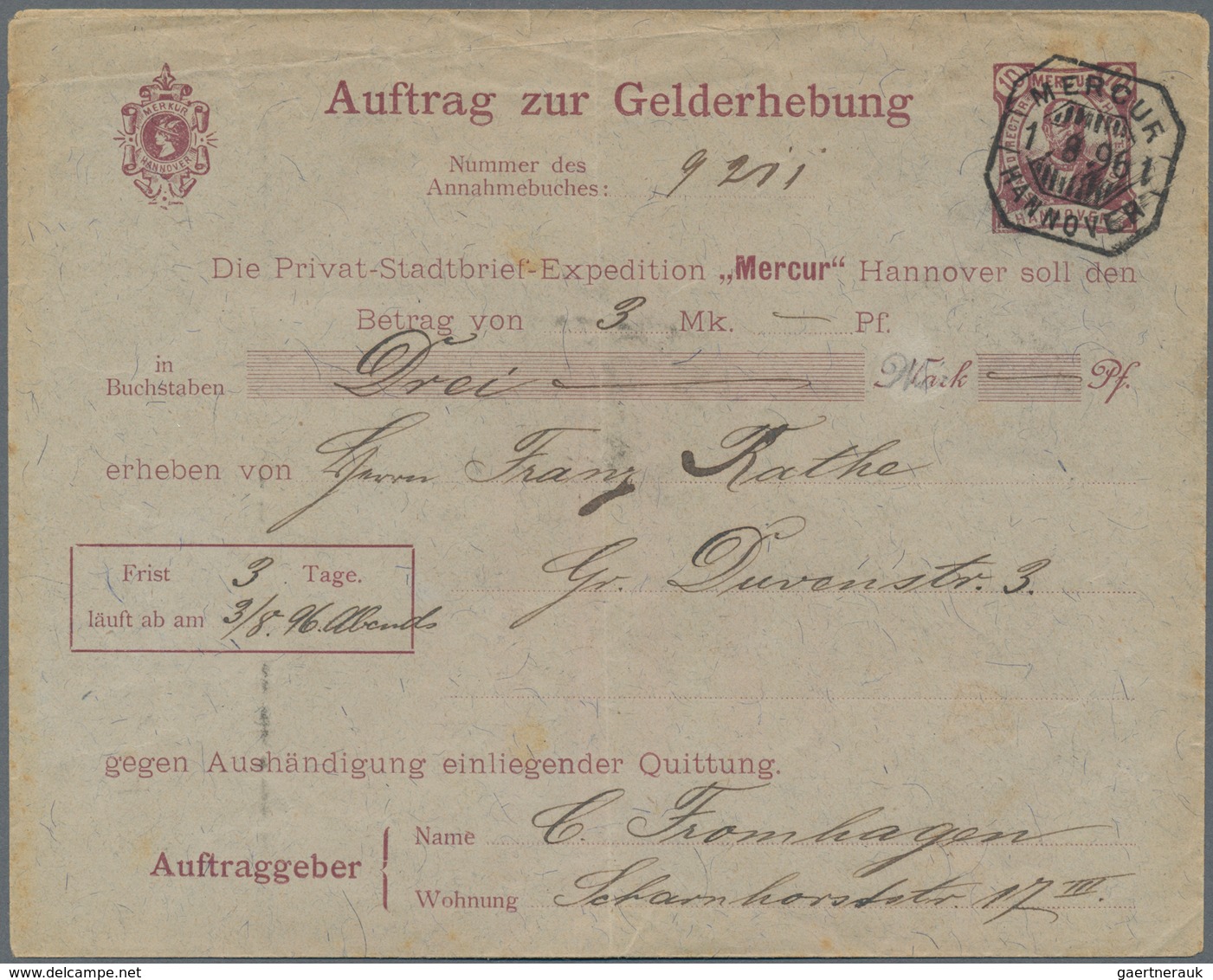 Deutsches Reich - Privatpost (Stadtpost): HANNOVER, MERCUR: 1895, 10 (Pf) Stadtdirector Haltenhoff, - Private & Local Mails