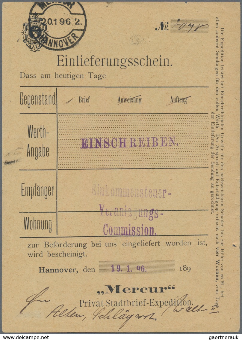 Deutsches Reich - Privatpost (Stadtpost): HANNOVER, MERCUR: 1896/99, Posteinlieferungsschein über 1 - Privatpost