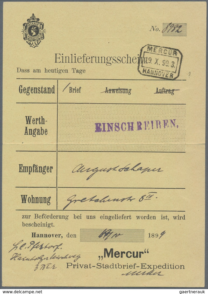 Deutsches Reich - Privatpost (Stadtpost): HANNOVER, MERCUR: 1896/99, Posteinlieferungsschein über 1 - Privatpost