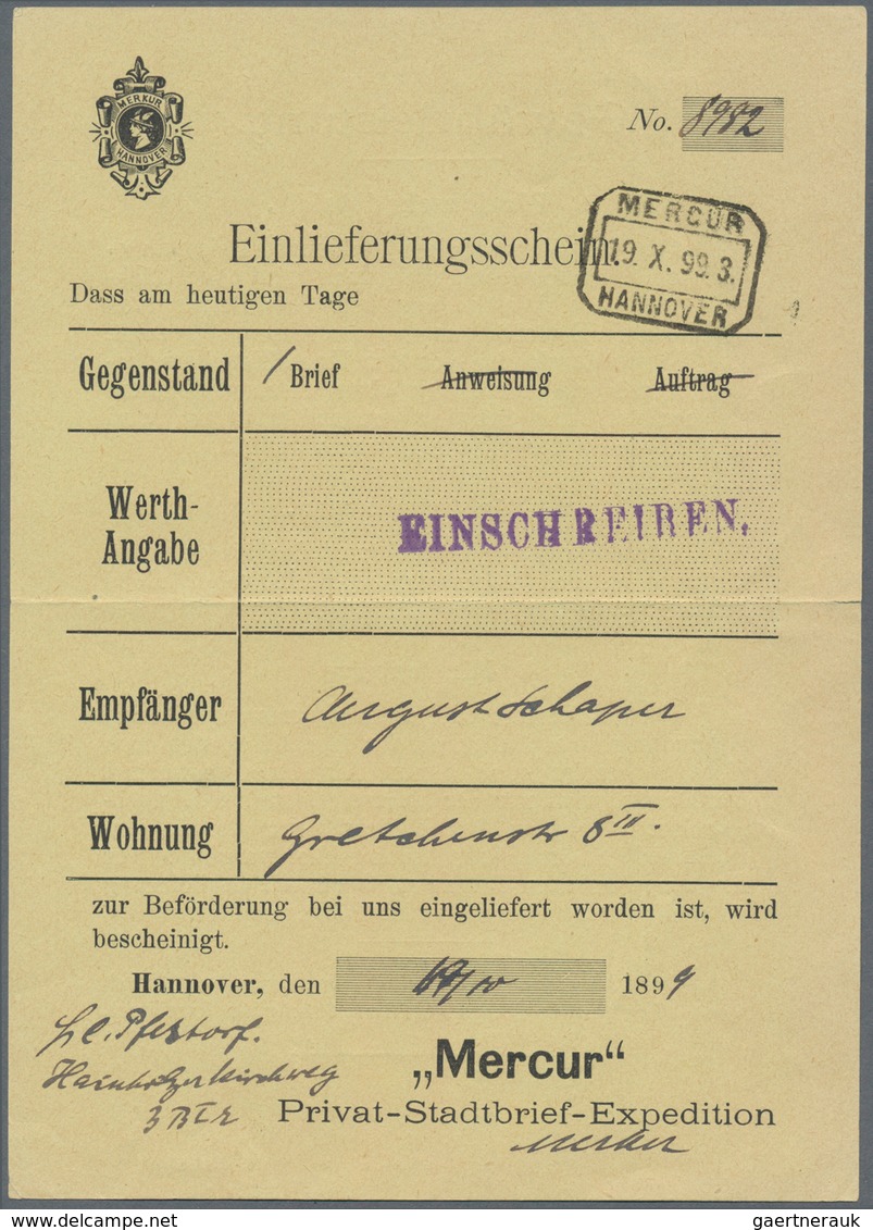 Deutsches Reich - Privatpost (Stadtpost): HANNOVER, MERCUR: 1896/99, Posteinlieferungsschein über 1 - Private & Local Mails