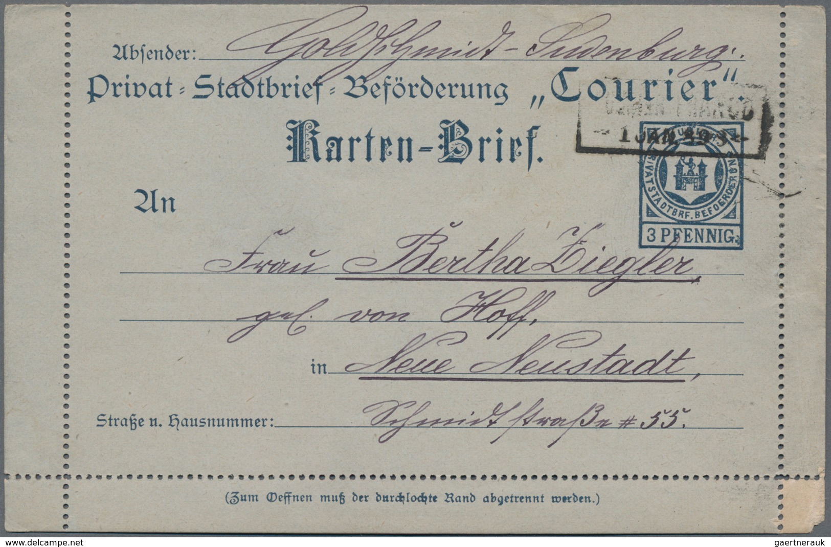 Deutsches Reich - Privatpost (Stadtpost): MAGDEBURG Courier, Kartenbrief 3 Pf. Blau Ausgabe 1887 (in - Privatpost