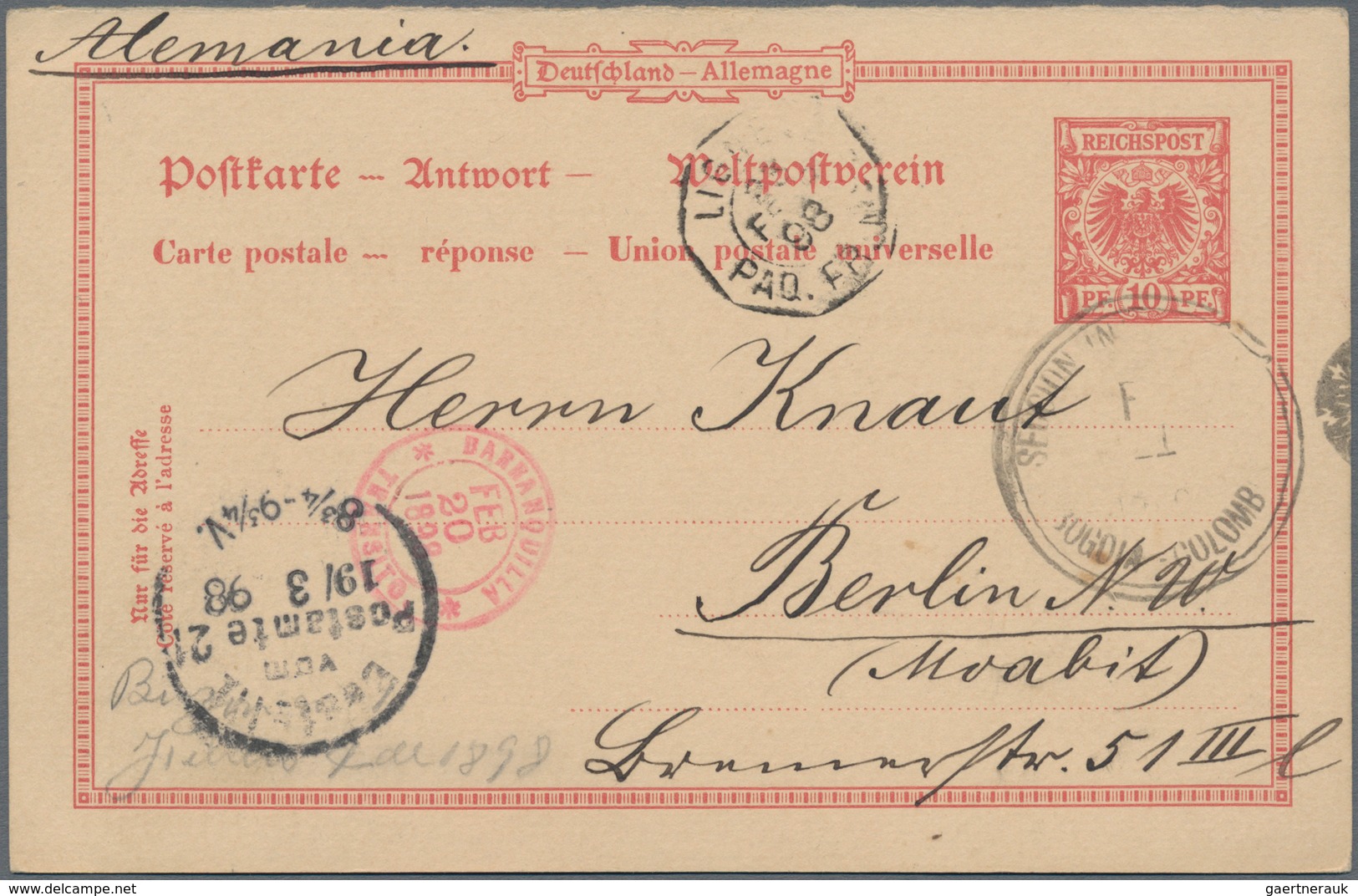 Deutsches Reich - Ganzsachen: 1898, Bedarfsgerecht Verwendeter Antwortteil Einer Doppelkarte 10 Pfen - Other & Unclassified
