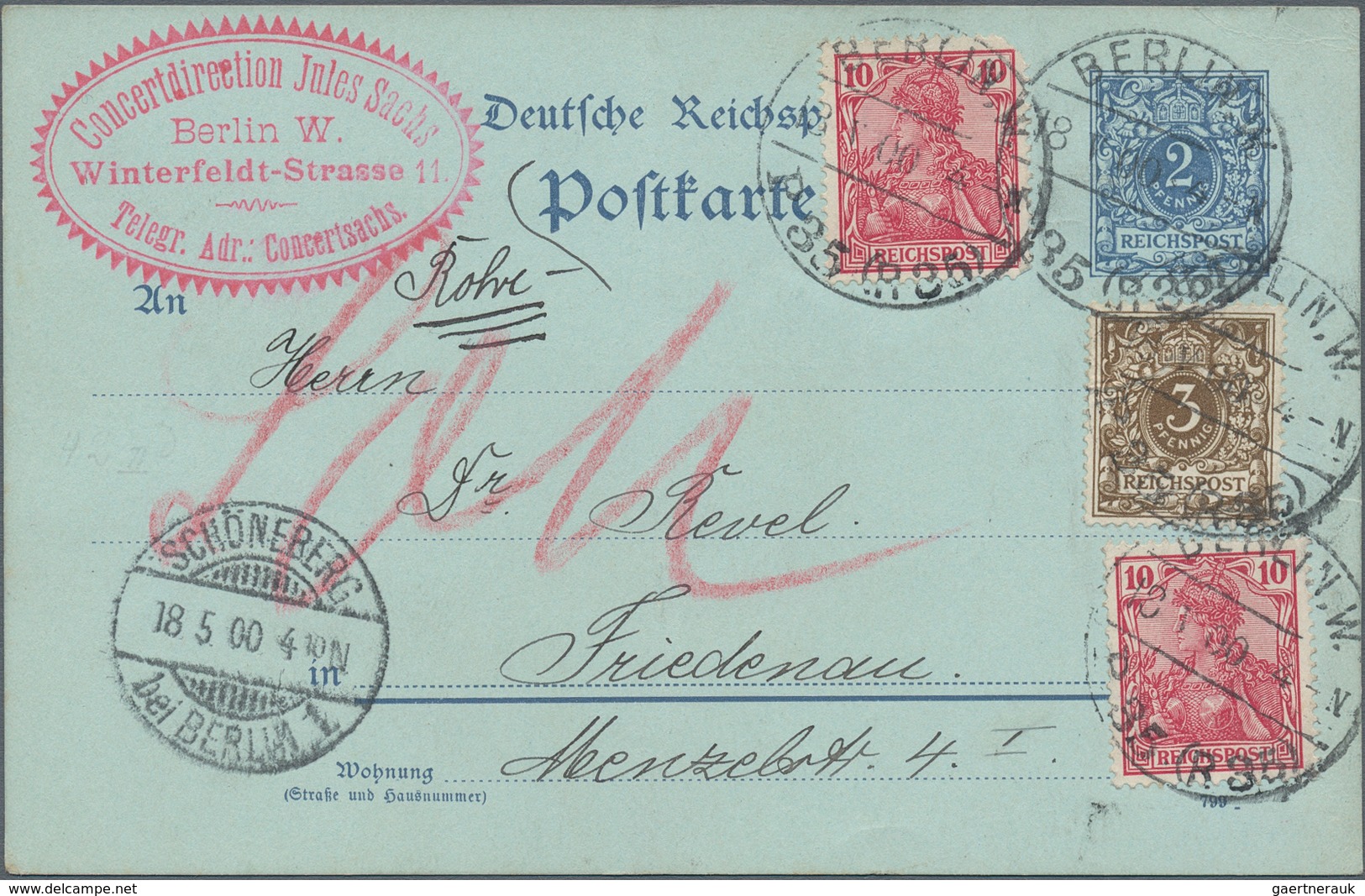 Deutsches Reich - Ganzsachen: 1900. Postkarte 2 Pf Krone/Adler. Mit Zfr. Total 23 Pf Gebraucht Als R - Andere & Zonder Classificatie