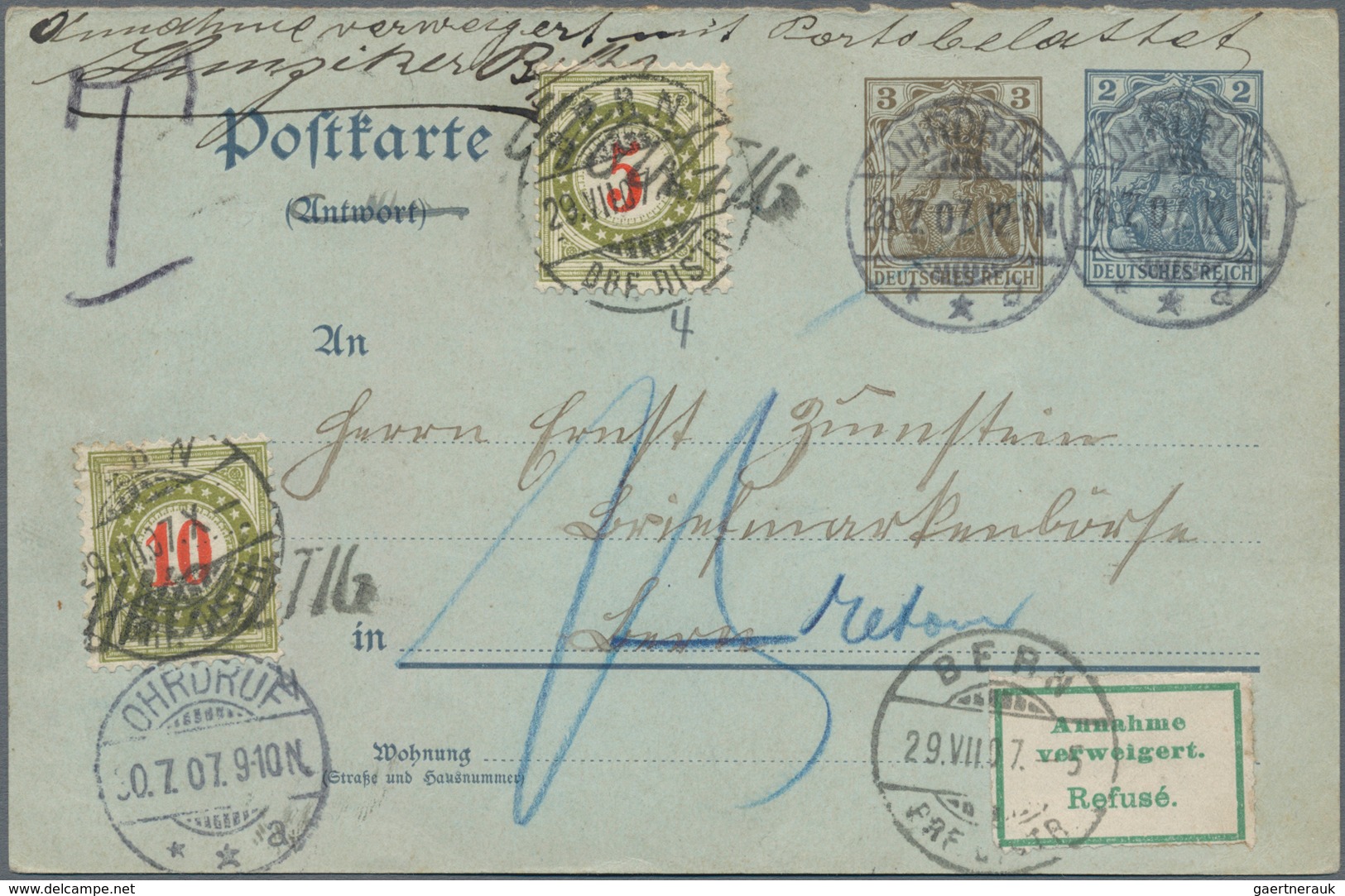 Deutsches Reich - Ganzsachen: 1907, Gebrauchte Ganzsachenkarte Germania 3 Pfennig Braun Neben 2 Pfen - Other & Unclassified