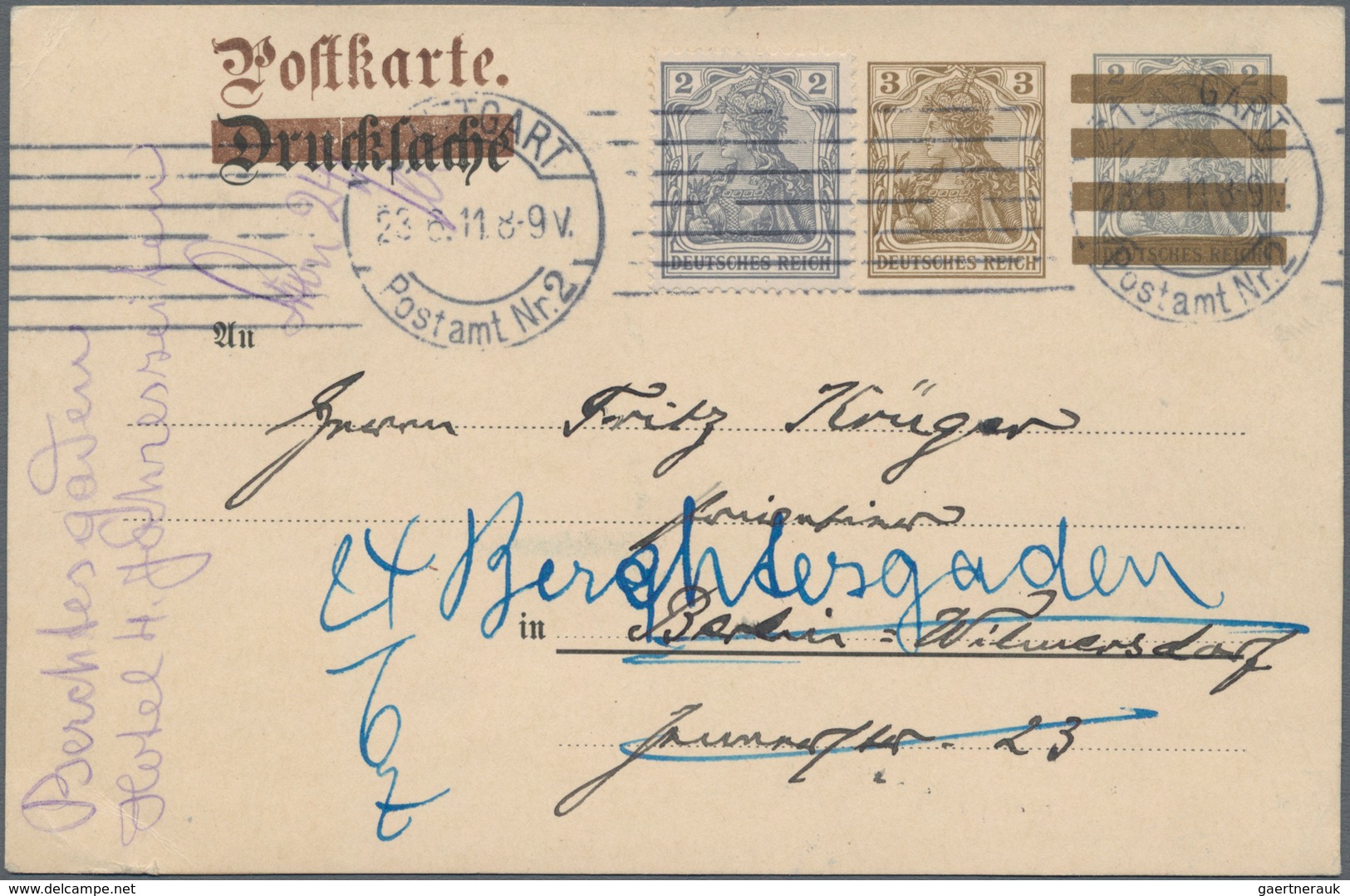 Deutsches Reich - Ganzsachen: 1909/1911. Set mit 5 Aufbrauchkarten 3 Pf neben 2 Pf Germania (frühere