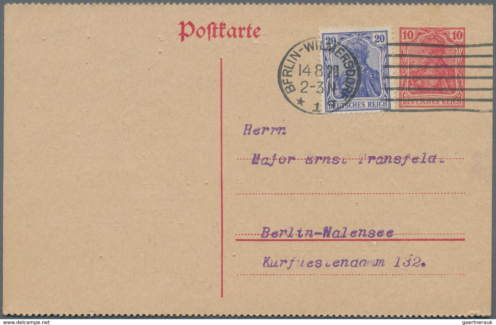 Deutsches Reich - Ganzsachen: 1920. Postkarte 10 Pf Karminrot Germania, Gezähnt Oben Und Unten. Mit - Andere & Zonder Classificatie