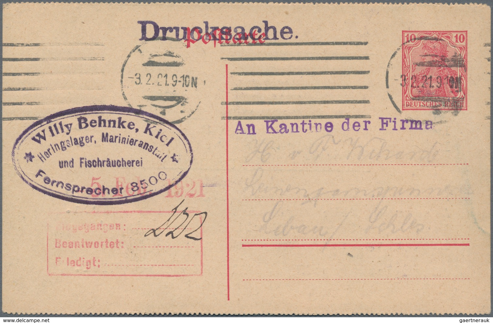 Deutsches Reich - Ganzsachen: 1921, Porto- Und Bedarfsgerecht Verwendete Ganzsachenkarte 10 Pfennig - Sonstige & Ohne Zuordnung