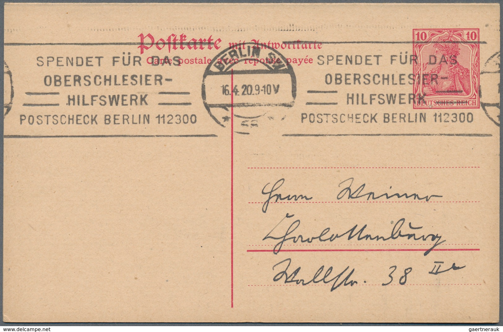 Deutsches Reich - Ganzsachen: 1920. Doppelkarte 10+10 Pf Karminrot Germania. Mit Interessantem Band- - Other & Unclassified