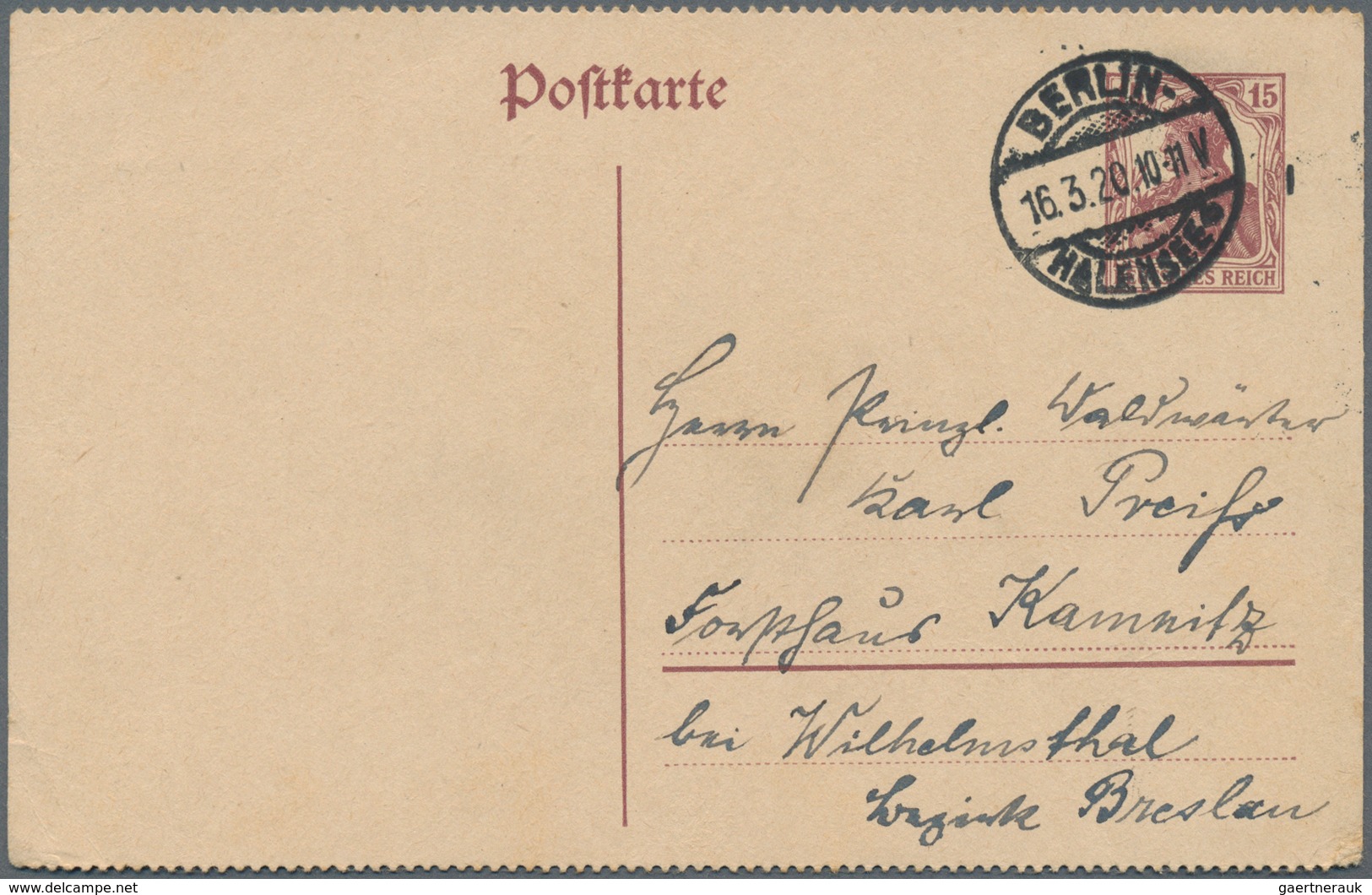 Deutsches Reich - Ganzsachen: 1920. Postkarte 15 Pf Braunlila Germania, Gezähnt Oben Und Unten. Gebr - Other & Unclassified