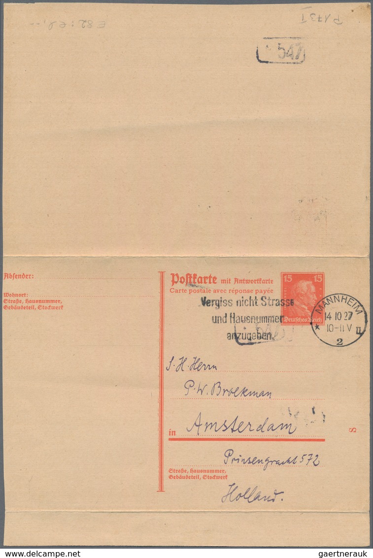 Deutsches Reich - Ganzsachen: 1927, Bedarfs- Und Portogerecht Verwendete Ganzsachendoppelkarte 15 Pf - Sonstige & Ohne Zuordnung